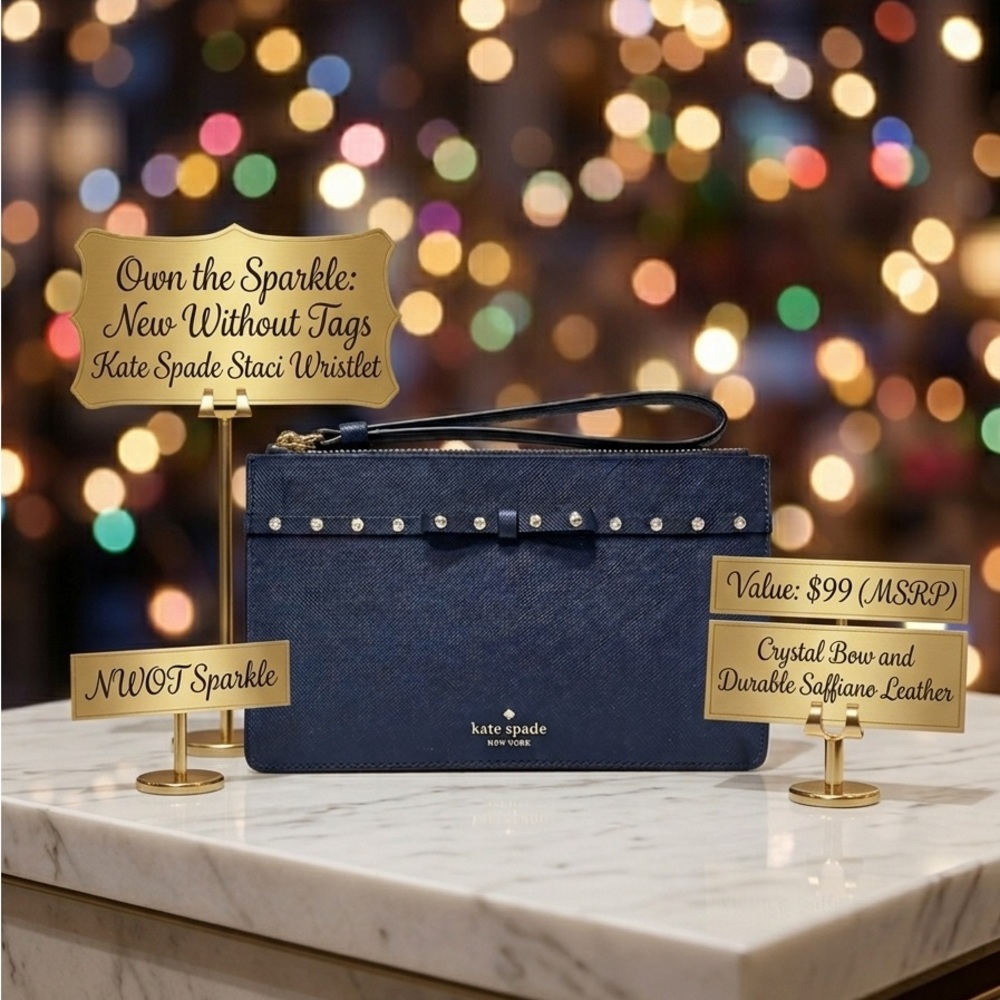 Kate Spade Staci Navy Blue Saffiano Leather Crystal Bow Wristlet